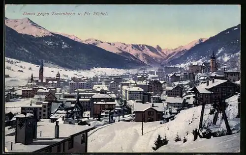 AK Davos, Ortsansicht mit Tinzenhorn und Piz Michel