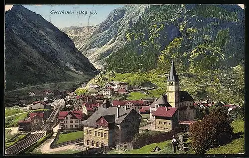 AK Goeschenen, Ortsansicht mit der Gotthardbahn