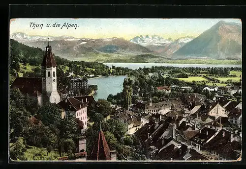 AK Thun, Ortsansicht mit Alpen