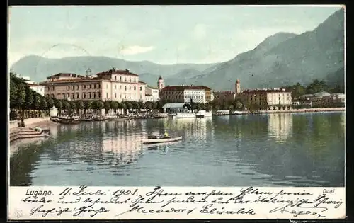 AK Lugano, Blick zum Hafen mit Dampfschiff