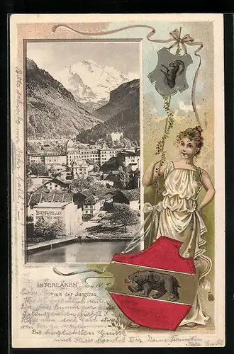 Präge-Passepartout-Lithographie Interlaken, Teilansicht mit der Jungfrau, Frau mit Wappen