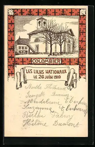 AK Colombier, Les Liens Nationaux, Le 26 Juin 1910, Kirche