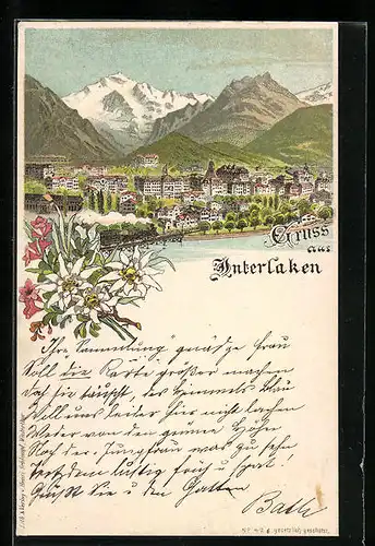 Lithographie Interlaken, Ortsansicht mit Bergen