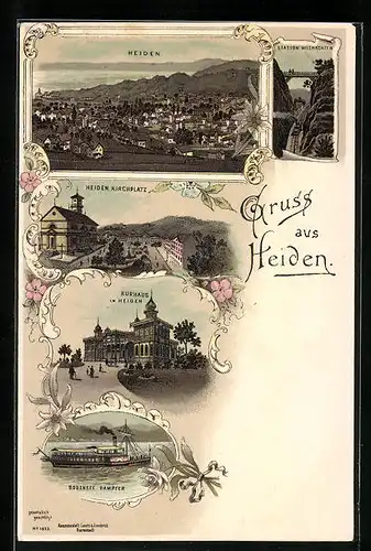 Lithographie Heiden, Kurhaus, Kirchplatz, Bodensee Dampfer