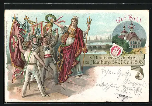 Lithographie Hamburg, IX. Deutsches Turnfest 1898, Gut Heil!, Germania mit Dreizack