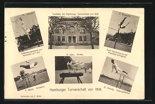 AK Hamburg-St.Georg, Hamburger Turnerschaft von 1816, Turnhalle, F. Weist Stützkehre, O. Hennig Felgausgrätscher