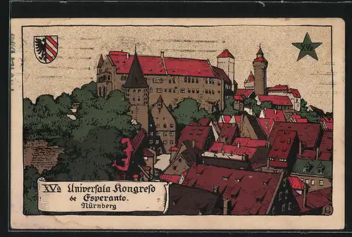 Steindruck-AK Nürnberg, XVa Universala Kongreso de Esperanto, Burg im Stadtbild