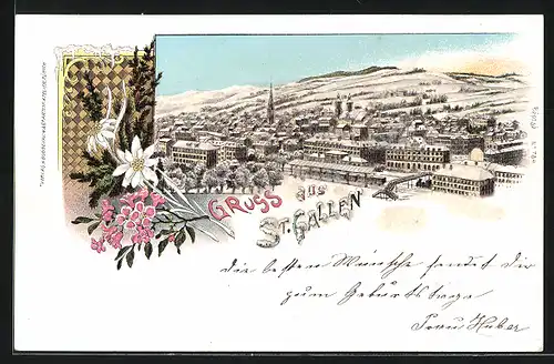 Winter-Lithographie St. Gallen, Panorama der Stadt