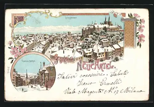 Winter-Lithographie Neuchatel, Vue Générale, Place du Marché