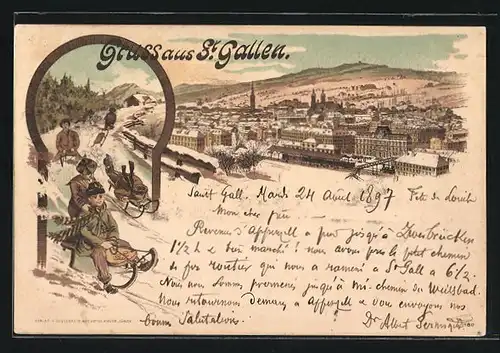 Winter-Lithographie St. Gallen, Panorama des Ortes, Rodler bei der Abfahrt