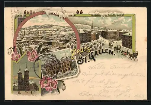 Winter-Lithographie St. Gallen, Totalansicht mit Hechtplatz und Stiftskirche