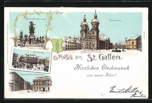 Winter-Lithographie St. Gallen, Monumentalbrunnen, Domkirche, Marktplatz