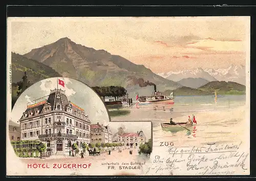 Lithographie Zug, Hotel Zugerhof unterhalb dem Bahnhof, Bes. Fr. Stadler, Boote