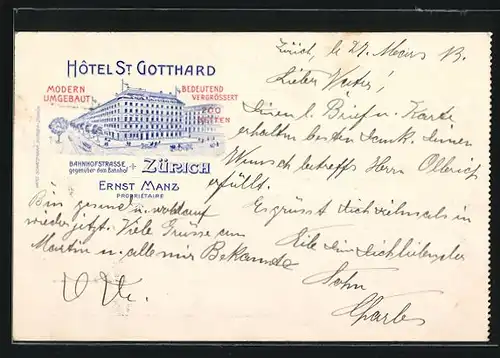 Lithographie Zürich, Hotel St. Gotthard Ernst Manz, Bahnhofstrasse, mit Strasse aus der Vogelschau