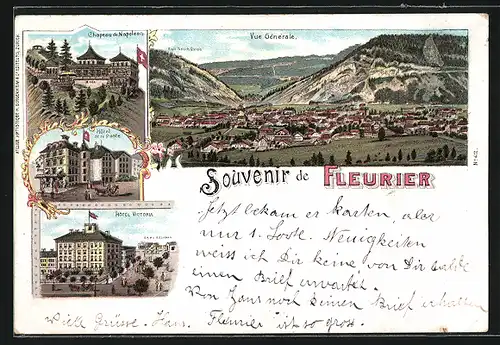 Lithographie Fleurier, Hotel Victoria, Hotel de la Poste, Totalansicht aus der Vogelschau