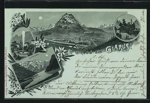 Mondschein-Lithographie Glarus, Klönthal, Fontäne, Gesamtansicht mit Bergen