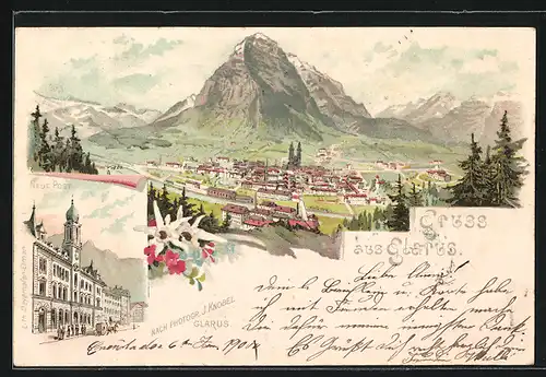Lithographie Glarus, Neue Post, Gesamtansicht mit Bergen aus der Vogelschau