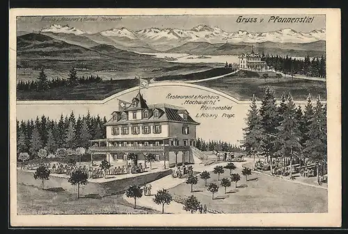 AK Pfannenstiel, Restaurant & Kurhaus Hochwacht L. Ribary mit Garten und Gästen, Ausblick mit Bergpanorama