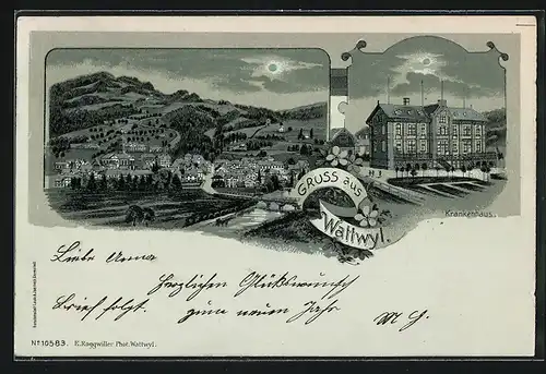 Mondschein-Lithographie Wattwyl, Krankenhaus mit Anlagen, Gesamtansicht mit Umgebung