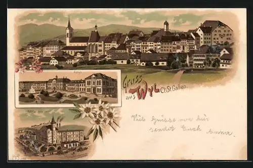 Lithographie Wyl, Aktienbrauerei, Asyl, Ortspanorama mit Landstrasse