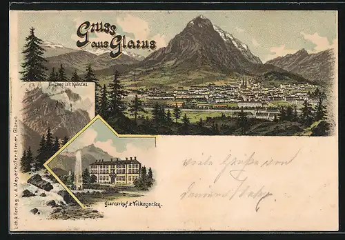 Lithographie Glarus, Glarnerhof und Volksgarten, Eingang ins Klöntal, Gesamtansicht mit Umgebung