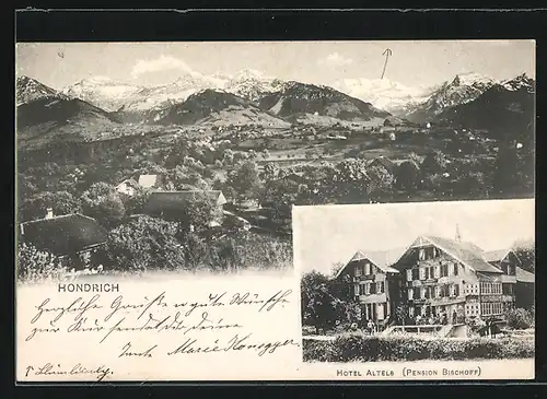 AK Hondrich, Hotel Artels / Pension Bischoff, Gesamtansicht mit Bergpanorama aus der Vogelschau