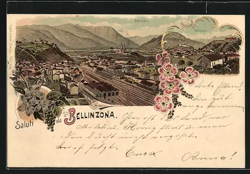 Lithographie Bellinzona, Gesamtansicht mit Bahnhof und Bergen aus der Vogelschau