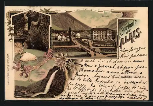 Lithographie Vernayaz, Vue générale, Gorges du Trient, Cascade de Pissevache