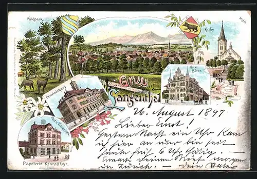 Lithographie Langenthal, Hotel zum Bären, Post- u. Telegraphenamt, Gemeindehaus, Wappen, Hirsch