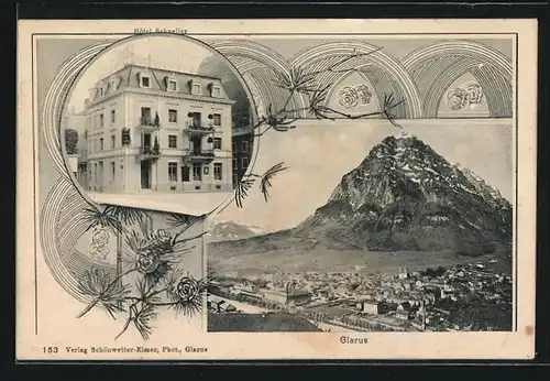 Passepartout-AK Glarus, Hotel Schneller, Gesamtansicht mit Berggipfel
