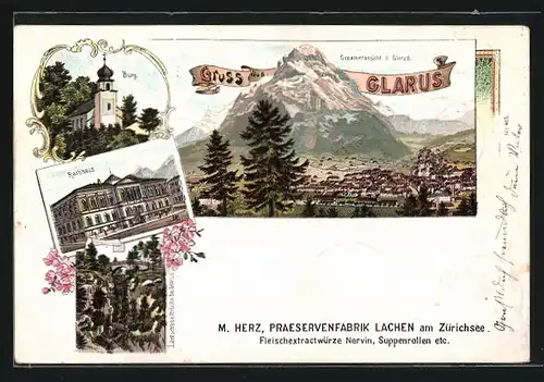 Lithographie Glarus, Löntschtobelbrücke, Rathaus, Gesamtansicht mit Eisenbahn und Berg