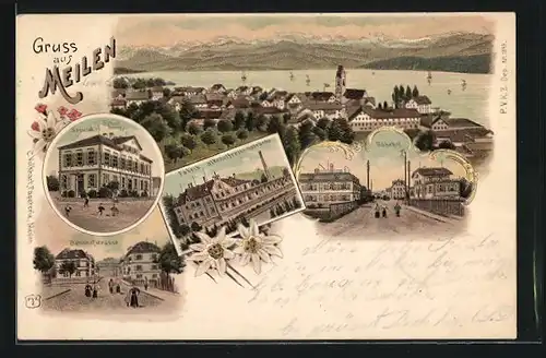Lithographie Meilen, Secunder Schulhaus, Bahnhofstrasse, Fabrik alkoholfreier Getränke, Bahnhof, Ortsansicht