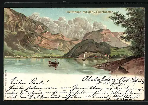 Lithographie Künzli Nr. 5620: Walensee, Teilansicht mit den 7 Churfürsten und Boot, Berggesichter