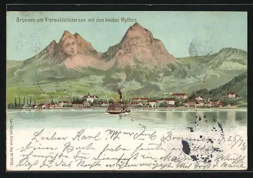 Lithographie Künzli Nr. 5022: Brunnen am Vierwaldstättersee mit den beiden Mythen, Berg mit Gesicht / Berggesichter