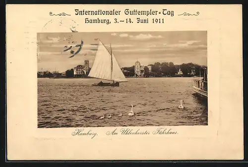 AK Hamburg, Int. Guttempler-Tag 1911, Partie am Uhlenhorster Fährhaus, Segelboot, Anti-Alkohol