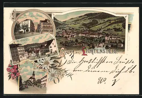 Lithographie Lichtensteig, Marktgasse und Untertor, Obertorplatz, Ortsansicht