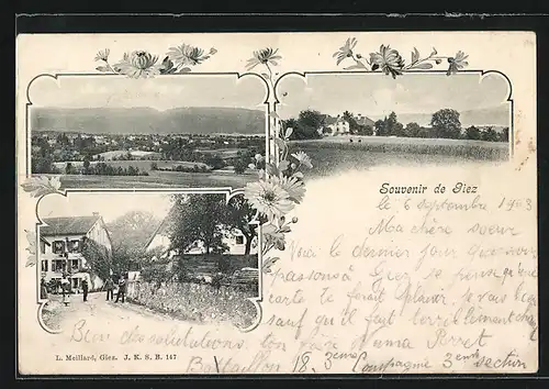 AK Giez, Strassenpoartie mit Anwohnern, Panorama mit Feldern