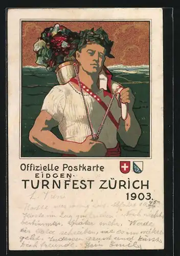 Künstler-AK Zürich, Eidgen. Turnfest 1903, Mann mit Blumen auf dem Rücken