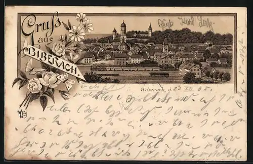 Lithographie Biberach, Teilansicht mit Bahnhof