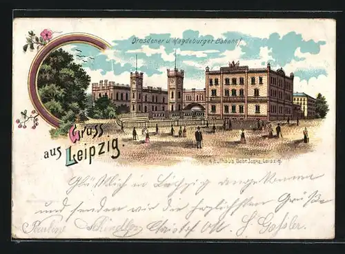 Lithographie Leipzig, Dresdener u. Magdeburger Bahnhof