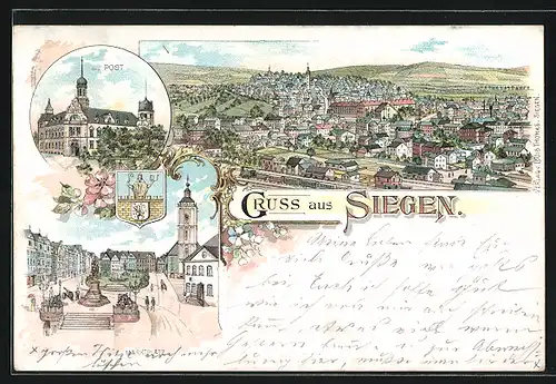 Lithographie Siegen, Teilansicht, Post, Marktplatz mit Denkmal
