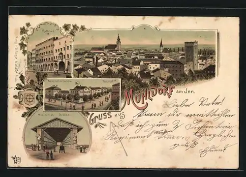 Lithographie Mühldorf am Inn, Bahnhofstrasse mit Bahnhof, Rathaus, Maximilian Brücke