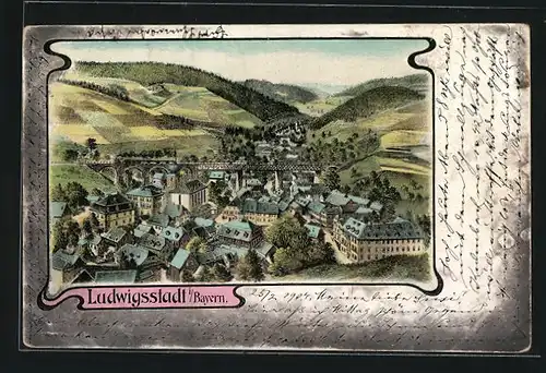 Lithographie Ludwigsstadt i. Bayern, Ortsansicht mit Umgebung
