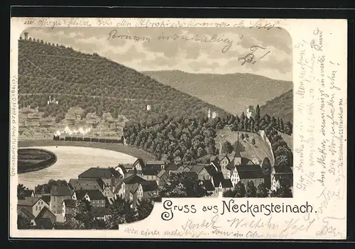Lithographie Neckarsteinach, Ortsansicht mit Umgebung