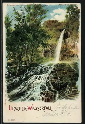 Lithographie Urach, Am Uracher Wasserfall, Halt gegen das Licht: Vollmond