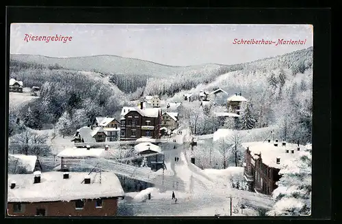 AK Schreiberhau-Mariental, verschneite Ortschaft im Riesengebirge