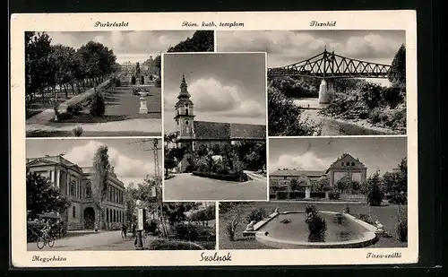 AK Szolnok, Parkrészlet, Räm. kath. templom, Tiszahíd, Tisza-szálló