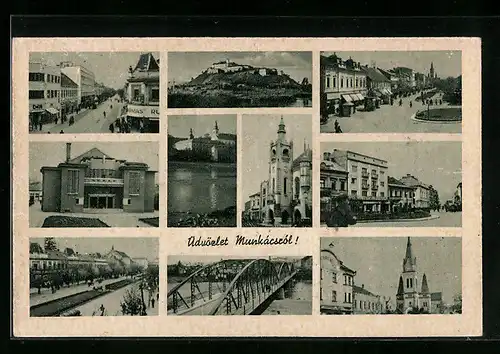 AK Munkács, Ortsansicht, Strassenpartie, Brücke und Kirche
