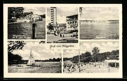 AK Berlin-Köpenick, Müggelspree M. S. Bert Brecht, Müggelturm, Müggelsee, am Müggelschlösschen, Strandbad Rahnsdorf