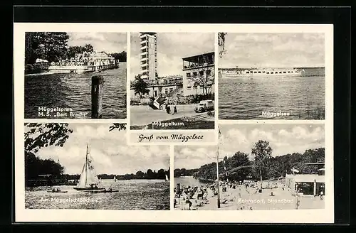 AK Berlin-Köpenick, Müggelspree M. S. Bert Brecht, Müggelturm, Müggelsee, am Müggelschlösschen, Strandbad Rahnsdorf